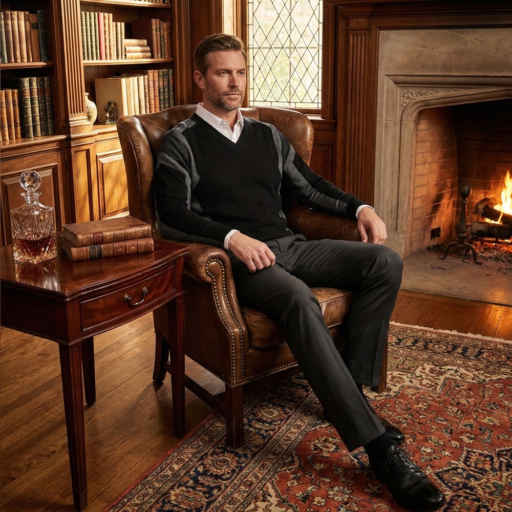 BIKKEMBERGS Men's Black and Gray V-Neck wool cashmere Sweater medium